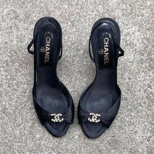 Chanel 2005 “CC” Pearl Embellished Black Satin Slingback Heels